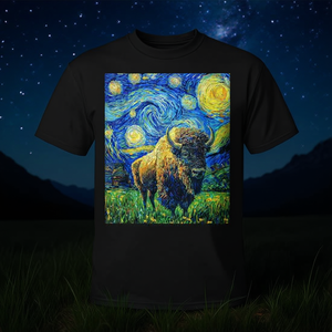 T-Shirt Grafica Stile Van Gogh Notte Stellata, Design Bivali e Bisoni, T-Shirt Promozionale Premium - Product Image 3