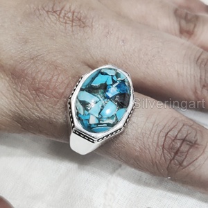 Anillo de hombre al por mayor, piedra preciosa turquesa de cobre azul Natural, anillo de piedra natal de diciembre, joyería fina árabe, anillo de Plata de Ley 925 - Product Image 4