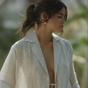 Conjunto de Top Holgado de Lino y Pantalones Cortos para Mujer, Camisa de Manga Larga con Cuello Camisero y Pantalones Cortos, Conjunto Casual para Mujer - Product Image 1