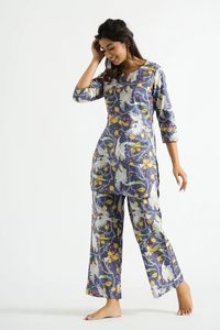 Conjunto de ropa de descanso de algodón puro con estampado orgánico de pájaros, traje de noche para mujer, traje de noche de precio de venta completo para niñas - Product Image 2