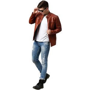 Chaqueta de cuero genuino de oveja con cremallera, color lavanda y marrón, para hombre, estilo motero, con forro acolchado de viscosa y chaqueta interior para hombre. - Product Image 4