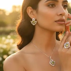 925 Silver <b>Bridal</b> <b>Jewelry</b> <b>Set</b> with Peridot Diamond White Gold for Wedding and Party-Classic Elegant Earrings Ring Pendant - Product Image 1