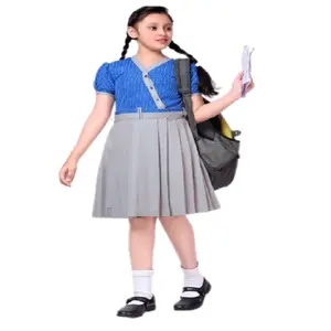 Uniforme scolaire OEM pour filles avec logo personnalisé, combinaison à carreaux unis, robe chasuble bleue du fabricant pour enfants