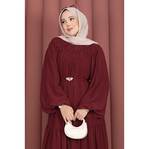 Robe de soirée en mousseline bordeaux pour femme, avec détail froncé, ceinture, silhouette trapèze, taille empire discrète, longueur ras du sol, robe de bal XL - Product Image 2