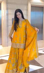 Diwali Party Set Slim <b>Reversible</b> Wrinkle-Free Embroidered Midi-length Salwar Kameez Georgette Silk 3-Piece Traditional Indian - Product Image 2