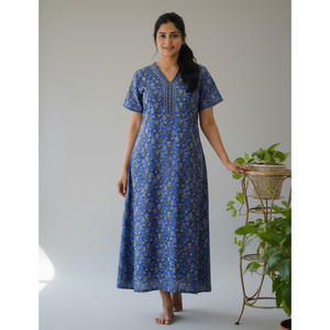 Vestido de Dormir 100% Algodón con Estampado Jaal Hecho a Mano, Camisón Suave Tejido con Diseño Floral y Botones, ODM 3XL para Damas de Honor - Product Image 1