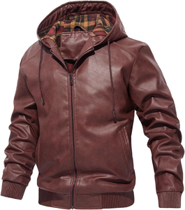 Blouson en cuir à capuche pour homme 2026, couleur unie, fermeture éclair, décontracté, coupe ajustée, manches classiques, pour l'automne - Product Image 1