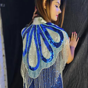 Robe Cape Burlesque élégante brins perlés paillettes attaches au cou; Silhouette droite broderie perles naturelles pour Club - Product Image 1