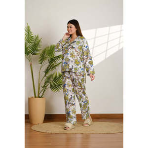 Ensemble pyjama doux tissé à imprimé floral et motif oiseau, respirant, taille élastique, boutonné, personnalisable, vêtements d'intérieur de nuit, 2 pièces, manches longues, 3D - Product Image 5