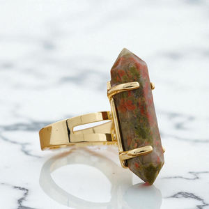 Anillos de piedras preciosas de Unakite curativo de doble punta-Anillo de mujer chapado en oro de piedra larga-Anillo de cristal de plata 925 Joyería - Product Image 1