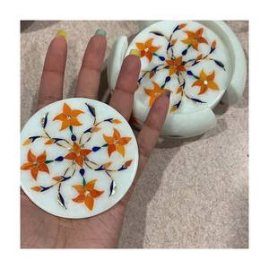 Juego de posavasos de té de mármol de amatista naranja indio puro con diseño de flor de incrustaciones de piedra Natural pulido para decoración del hogar y regalos - Product Image 1