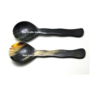 High Quality Multifunctional Natural Horn <b>Salad</b> <b>Tools</b> Dishwasher Safe Luxury Carved Horn Spoon Pair Kitchen Serving Utensil - Product Image 2