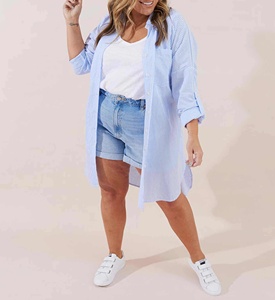 Robe décontractée tendance personnalisée 100% coton pour femme, col classique, rayures bleu clair et blanc, sexy, longueur genou, grande taille, ODM - Product Image 6