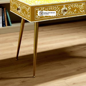 Escritorio de Estudio con Incrustaciones de Hueso Amarillo y Negro, con Cajón y Almacenamiento, Escritorio de Diseño con Patas de Metal Dorado - Product Image 4