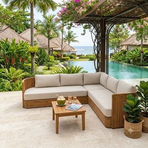 Canapé d'extérieur en teck, sectionnel, pour jardin, patio, avec coussins, pour cour, hôtel, bord de piscine - Product Image 1