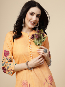 Ensemble Kurti et pantalon pour femme, style été tendance, orange et marron, belle broderie, 100% coton, manches longues, col mandarin, coupe droite - Product Image 6