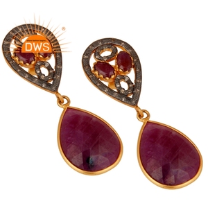 Pendientes colgantes de piedras preciosas de rubí y diamantes naturales chapados en oro de 18 quilates de plata de ley más vendidos, fabricante de joyería personalizada - Product Image 2