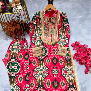 Seda de muselina de diseñador con impresión digital con codificación de bordado Dori Work con espejo real con Tam-Tam Latkan superior e inferior - Product Image 1