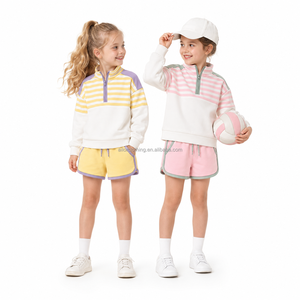 Ensemble sweat-shirt rayé pour filles, pull à quart de zip et short à bordure contrastée pour le sport et le quotidien - Product Image 2