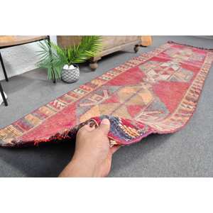 Vintage 28 X 102 ft <b>Red</b> & Beige Turkish <b>Wool</b> Rug Flat Weave Patchwork Pattern for Living Room Decor Latex Backed - Product Image 3