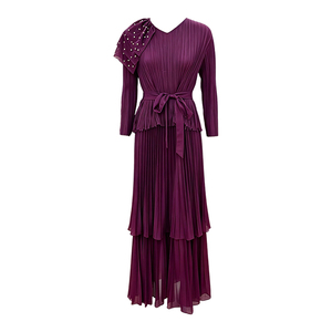 Nuovo Abito Lungo <span class=keywords><strong>da</strong></span> <span class=keywords><strong>Sera</strong></span> <span class=keywords><strong>da</strong></span> Donna Stile Europeo Americano Transfrontaliero Miyake Plus-Size a Maniche Lunghe con Scollo a V e Gonna a Strati - Product Image 3