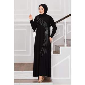 Sandy Black Hijab Dress with Open-Collar & Stone Details Long Crepe and Cotton Muslim <b>Abaya</b> for Summer Winter Sizes XS to 6XL - Product Image 1