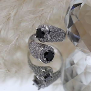 หิน CZ สีดําสองด้านกลมหินคลัสเตอร์แหวนเงินปรับได้ขายส่งแฮนด์เมดเงินแท้ 925 - Product Image 4