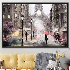Toile imprimée : Peinture de la Tour Eiffel - Scène de rue parigienne sous la pluie, TOILE ENCADRÉE NOIRE - Product Image 1