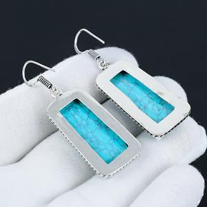 ต่างหู925สเตอริ่งชุบเงินสไตล์โบฮีเมียนแฟชั่นสไตล์ธิเบตเทอร์ควอยซ์ทรงรีอัญมณีธรรมชาติ - Product Image 4