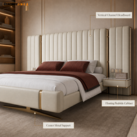 Lit plateforme flottant de luxe en bois de pin rembourré en cuir avec tête de lit haute, taille King, mobilier de chambre d'hôtel