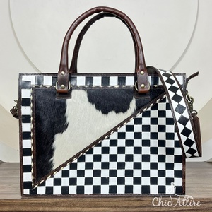 Custom Modern Design <b>Hand</b> Tooled Cowhide Leather Tote <b>Bag</b> Handcrafted Cowhide & Checkerboard Pattern Western Style Shoulder <b>Bags</b> - Product Image 1