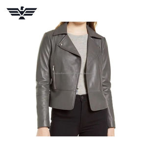 Veste bouffante en similicuir pour femme coupe ajustée en peau de mouton tissé respirant motif solide fermeture éclair avant teint uni pour l'automne - Product Image 5
