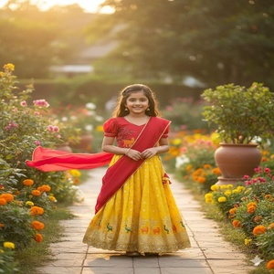 Lehenga Choli pour enfants en soie pure de conception Evergreen, aspect magnifique, avec travaux de tissage et de teinture, fabriqué à Surat - Product Image 1
