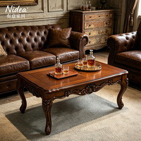 Table basse classique européenne en bois massif sculpté, avec pieds cabriole antiques et plateau en placage étoilé, pour club, bar, salon