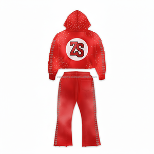 Chándal de cremallera roja de primera calidad en 380 GSM, ropa de invierno cálida de lana pesada, diseño de panel web de diamantes de imitación y chándales estampados de talla grande - Product Image 2