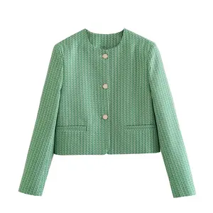 2023 printemps femmes Vintage Design nouvelle mode dames élégantes laine Tweed manteaux Texture tissu couleur unie veste