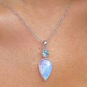 Collier en argent plaqué de haute qualité, pendentifs en pierre de lune arc-en-ciel, topaze bleue, formes tendance, charmes en cristal de mariage, mode enfant - Product Image 2