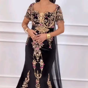 Latest Designer Hand Zardozi Embroidery on Black Caftan Dress with Trail & Veil on velvet Fabric for 2025 Wedding Algeria-France - Product Image 1