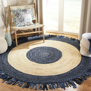 พรมปอกระเจาทรงกลมที่มีห่วงผ้าเดนิมสีฟ้าตัดกันและขอบสำหรับห้องนั่งเล่นห้องนอนห้องโถงโรงแรมสำนักงาน - Product Image 1
