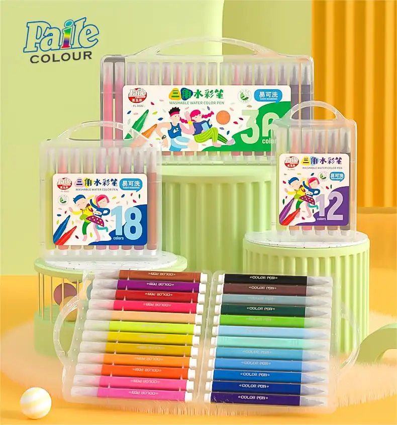 Bolígrafo de acuarela de 12/18/24/36 colores, punta mediana con estuche de almacenamiento, papelería para niños, libros para colorear, garabatos