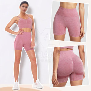 Shorts taille haute rose froncé aux fesses pour femme, tricoté, extensible, respirant, pour le sport et la gym, avec taille élastique - Product Image 3