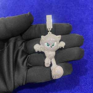 Pendentif personnalisé en forme de chat 3D glacé, diamant moissanite taille ronde, bijoux hip-hop, pendentifs et breloques - Product Image 1