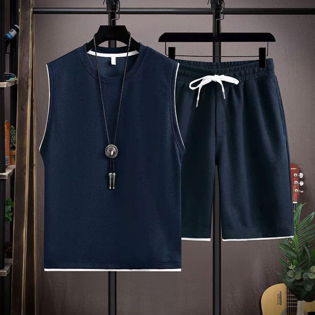 ชุดเสื้อกั๊ก E04แบบบล็อกสีสีน้ำเงินเข้ม