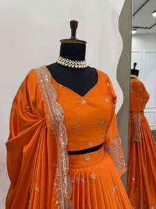 DDM Vêtements Femmes Traditionnel Semi-Cousu Malais Satin Soie Lehenga Choli Brodé Dupatta Indien Pakistanais Exporté - Product Image 5