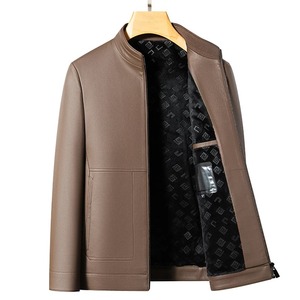 Winter High Street Leather <b>Jacket</b> Men <b>Mandarin</b> <b>Collar</b> Slim Casual Windproof Waterproof Thick Coat - Product Image 4