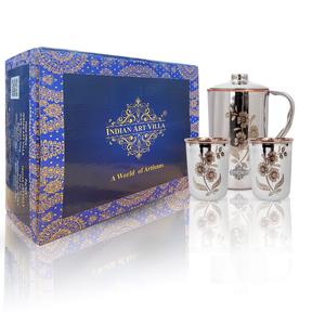 IndianArtVilla Steel Copper Floral Design Drinkware Gift Set of 1 <b>Jug</b> & <b>Glass</b> Set With Blue Gift Box- 1500 ML - Product Image 1