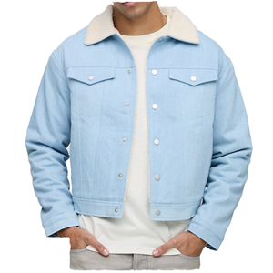 Men's Light Blue Denim <b>Jacket</b> With Sherpa Lining Turn-down Collar Casual Autumn Wear Regular Fit Single Breasted Button Closure - Product Image 1