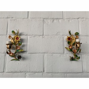 Applique murale en métal style shabby chic vert et rouge cerise, blanc antique, à deux lumières, motif fleur et fruit, décoration, porte-bougie en métal - Product Image 6