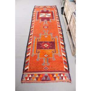 Alfombra Turca Vintage, Alfombra de Pasillo de 3.1x9.7 pies, Alfombra Floral Herki Naranja - Product Image 1