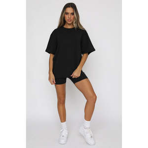 100% coton femmes été 2 pièces surdimensionné ensembles de survêtement personnalisables marques privées à manches courtes T-Shirts Shorts plaine - Product Image 2